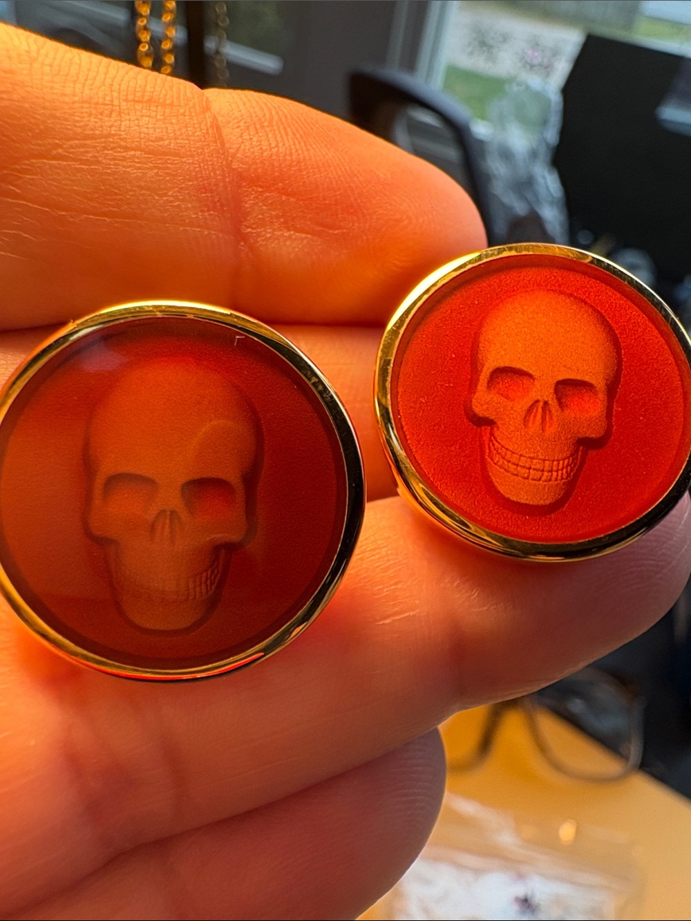 Alexander McQueen Red Skull Cufflinks with Gold Trim